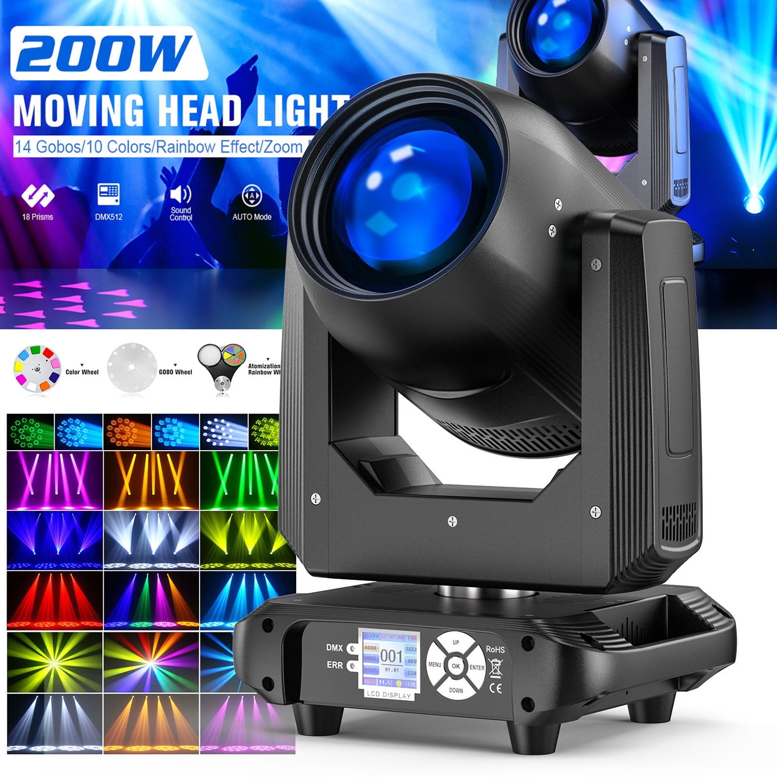 Moving Head DJ Light,18-Facet Rotating Prism Stage Lights ,14 GOBOs and 14 Colors Rainbow Effect Stage Light 14CH for Parties Wedding Halloween Christmas Club