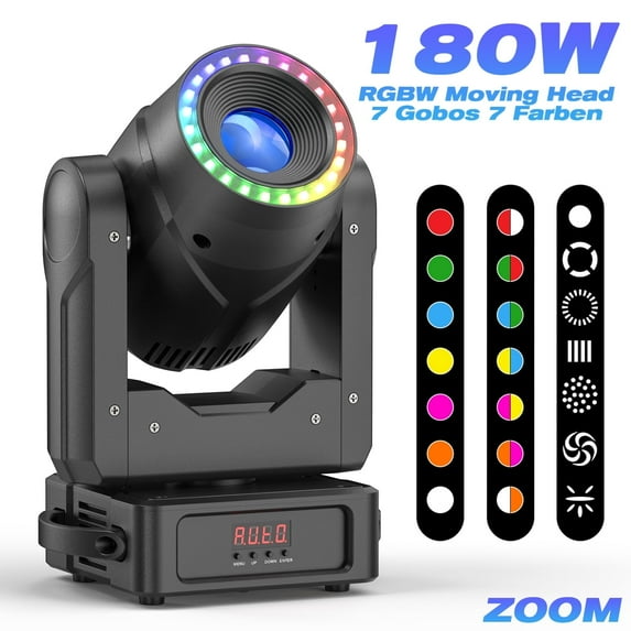 Moving Head DJ Lights ,150W (8000K) 7 Gobos 7 Colors Beam/Focus LED Stage Light,3-Facet Prism Party Light w/ RGB Ring Light 13/15CH for KTV Wedding Halloween Christmas