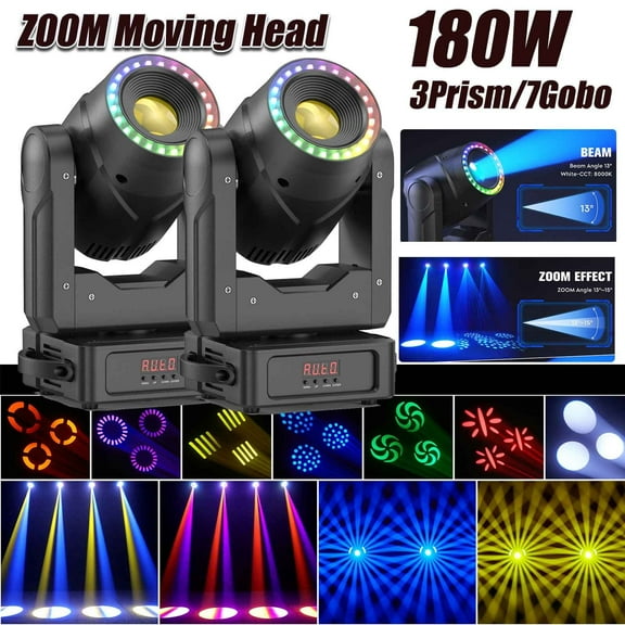 Moving Head DJ Lights ,2pcs (8000K) 7 Gobos 7 Colors Beam/Focus LED Stage Light,3-Facet Prism Party Light w/ RGB Ring Light 13/15CH for KTV Wedding Halloween Christmas