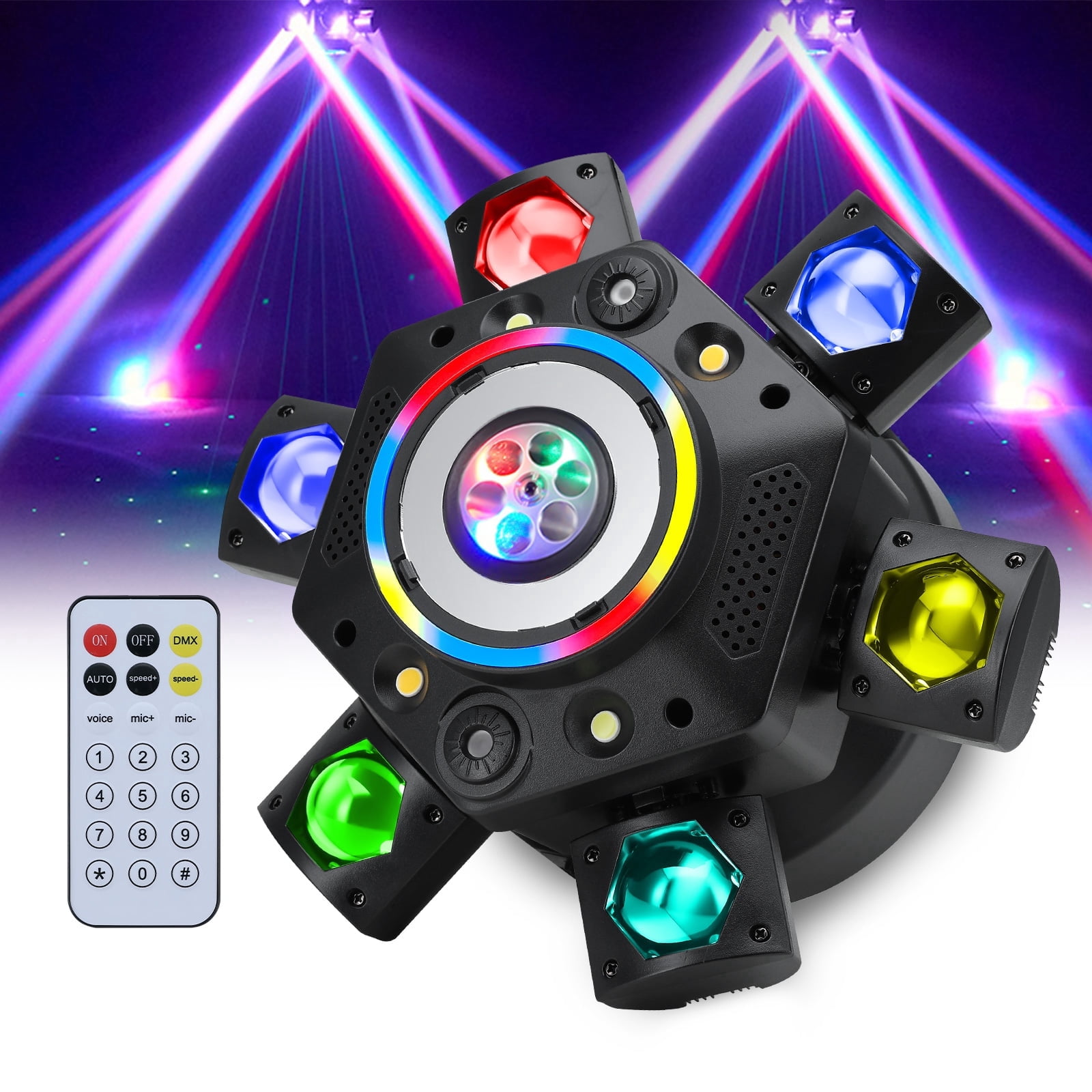 150W Disco Stage Light, 6 Arm RGBW LED  Moving Head DJ Lights  with Mixed Lighting Effects, Sound Activated, DMX 512 Remote Control DJ Lights for Disco Club Wedding Party (Pattern)