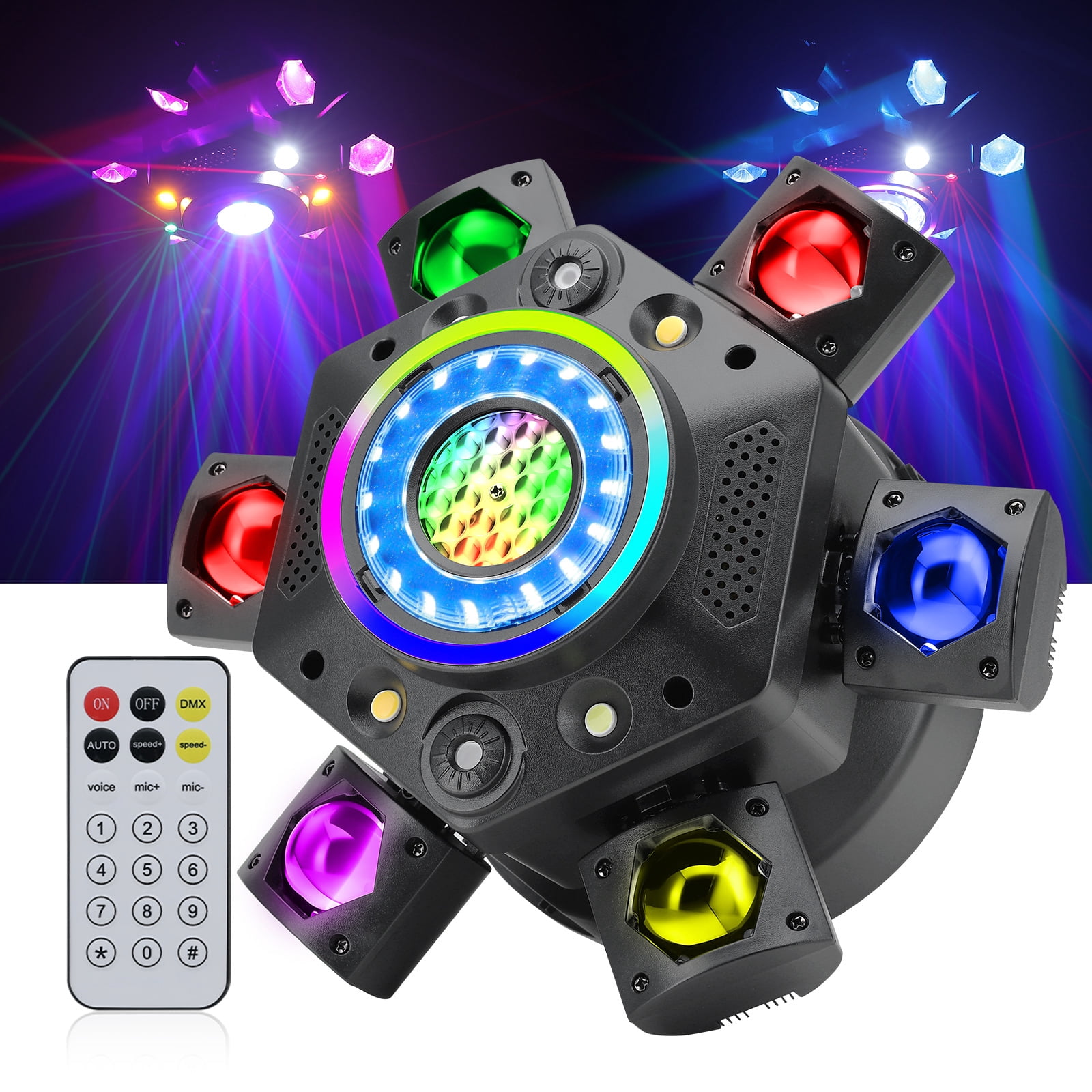 Moving Head DJ Lights,  6 Arm RGBW LED 150W Disco Stage Light with Mixed Lighting Effects, Sound Activated, DMX 512 Remote Control DJ Lights for Disco Club Wedding Party (Mixed Light)