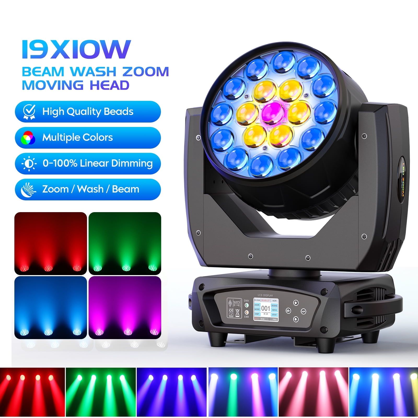 Moving Head Light LED 19x10W RGBW 4in1 Beam/Wash/Zoom Effect Stage Lights DMX512 Sound Activated DJ Lights for Party Wedding Disco