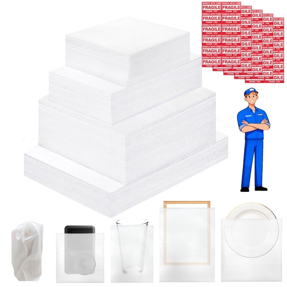 Moving Packaging Supplies Set, Cushioning Foam Pouchs&Sheets, 4 Sizes (16"x12",12"x12" 12"x7.8",7.8"x7.8") With 60 Fragile Stickers,For Moving,Packaging,Storage