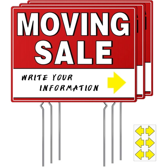 Moving Sale Signs (3 Pack), 17" x 13" Large Double-Sided Yard Signs with Metal Stakes, Estate & Property Sale Directional Arrows, Weather-Proof