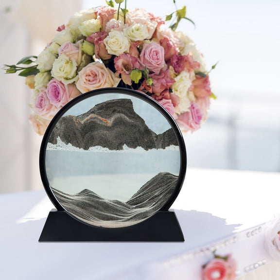 Moving Sand Art Liquid Motion, 3D Deep Sea Sandscape Color Quicksand Decor, Round Glass Moving Sand Art Picture Relaxing Desktop Home Office Work Decor (7 inch-Gray)-Home Essentials