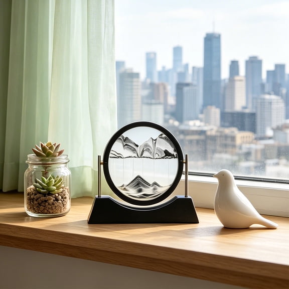 Moving Sand Art Liquid Motion, 3D Deep Sea Sandscape Color Quicksand Decor, Round Glass Moving Sand Art Picture Relaxing Desktop Home Office Work Decor (7 inch)