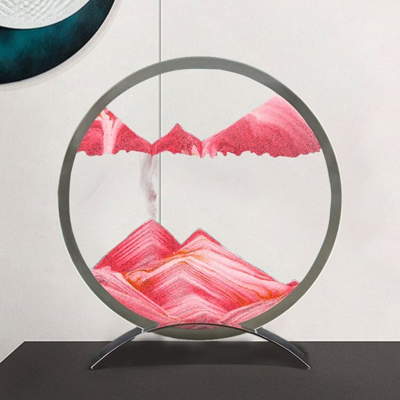 Moving Sand Art Picture Round Glass Frame, Wenini Liquid Motion Display Sea Sand Scene Desktop Art, Calming Home Office Bookshelf Decoration 50ml, Pink