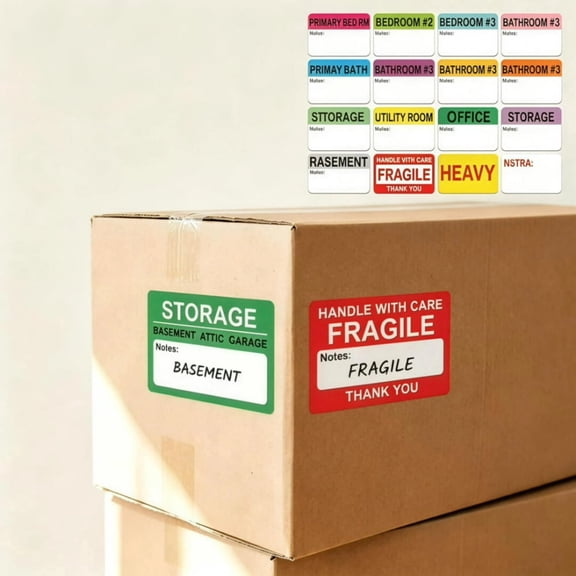 Moving Supplies 3x 2"Large Home Moving Packing Box Labels for 3-4 Bedroom House with Writable Notes Areas, 16 Color Coded Moving Labels for Boxes + Fragile Moving Stickers 300PCS