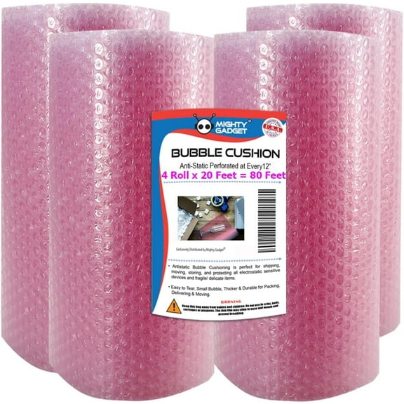 "Mighty Gadget Bubble Cushioning Wrap Roll, 12"" x 36"", 72 Feet Total, Pink, 4 Rolls"