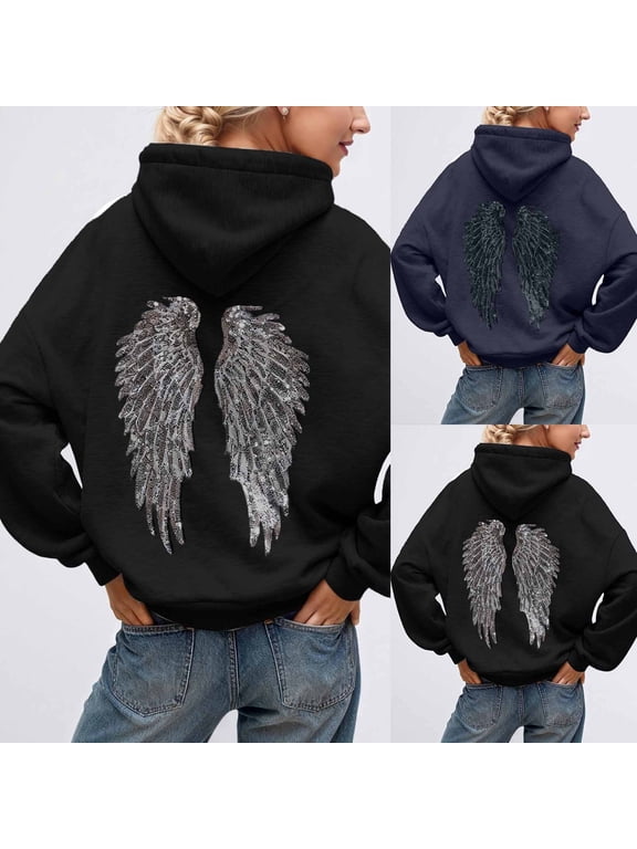 Women's Wing Sequin Hoodie Solid Color Pullover Casual Hooded Sweatshirt ,Size S-3Xl Black
