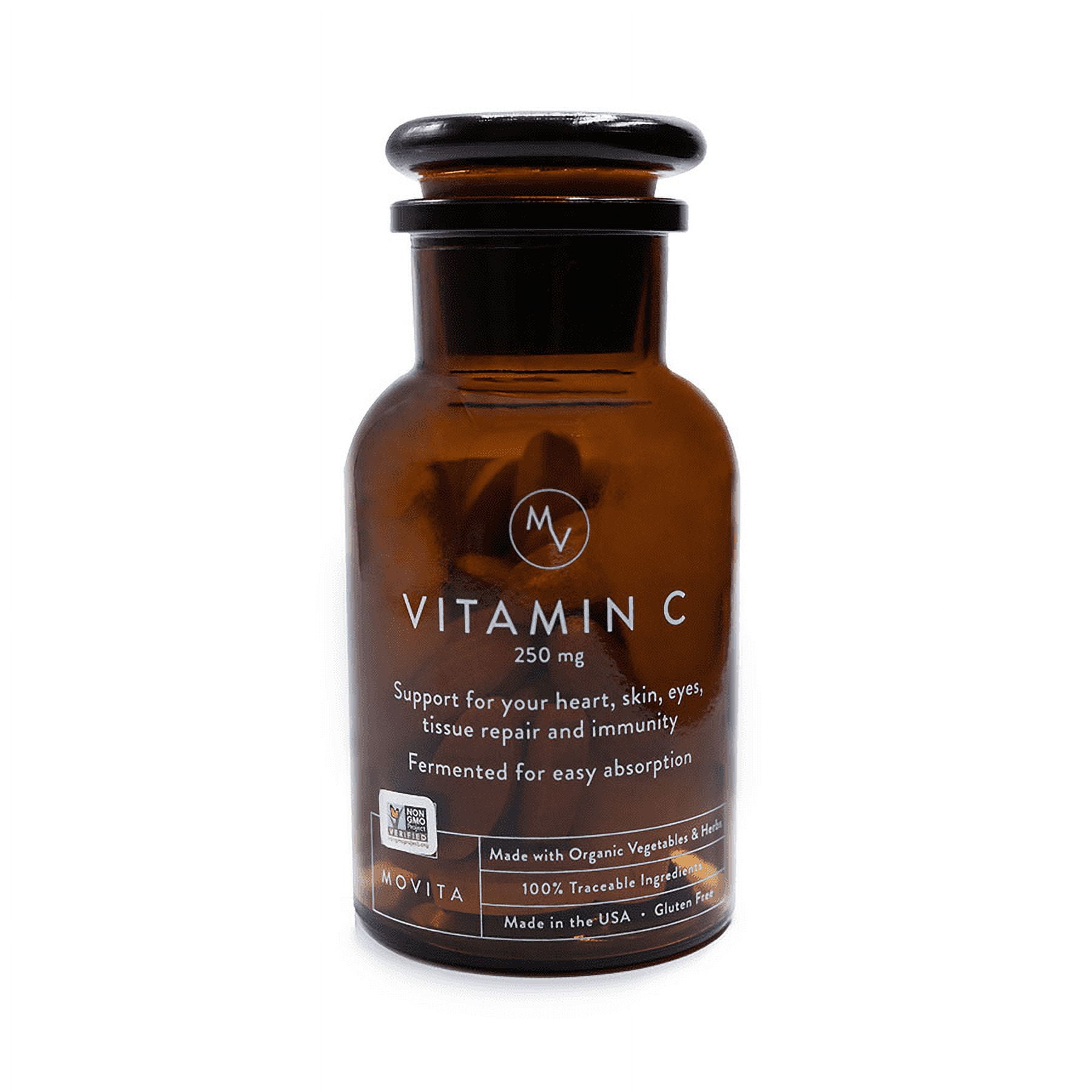 Movita Fermented Vitamin C 250mg Bottle Whole Food, Organic, Vegan