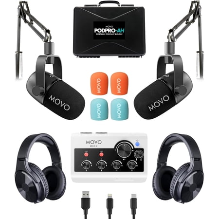 Movo Portable Podcast Equipment Bundle for iPhone/Android Phones- Podcast Kit with Audio Interface, 2 CastMic Dynamic Mics, 2 Headphones, 2 Boom Arms - for Smartphones, Computers, PC and Mac