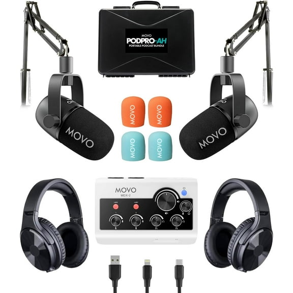 Movo Portable Podcast Equipment Bundle for iPhone/Android Phones- Podcast Kit with Audio Interface, 2 CastMic Dynamic Mics, 2 Headphones, 2 Boom Arms - for Smartphones, Computers, PC and Mac