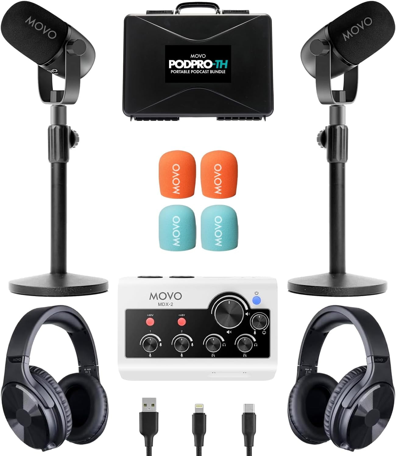 Movo Portable Podcast Equipment Bundle for iPhone/Android Phones- Podcast Kit with Audio Interface, 2 CastMic Dynamic Mics, 2 Headphones, 2 Desk Stands - for Smartphones, Computers, PC and Mac