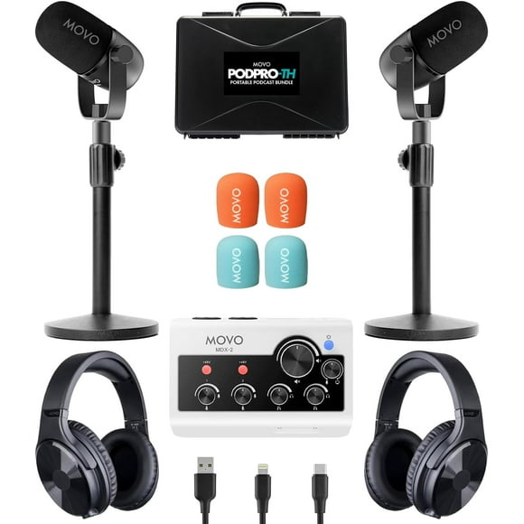 Movo Portable Podcast Equipment Bundle for iPhone/Android Phones- Podcast Kit with Audio Interface, 2 CastMic Dynamic Mics, 2 Headphones, 2 Desk Stands - for Smartphones, Computers, PC and Mac