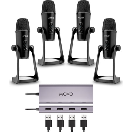 Movo USB Podcast Equipment Bundle for 4 – USB Interface with 4 UM700 Condenser Microphones – 4-Port Powered Hub for Streaming, Podcasting, Interviews
