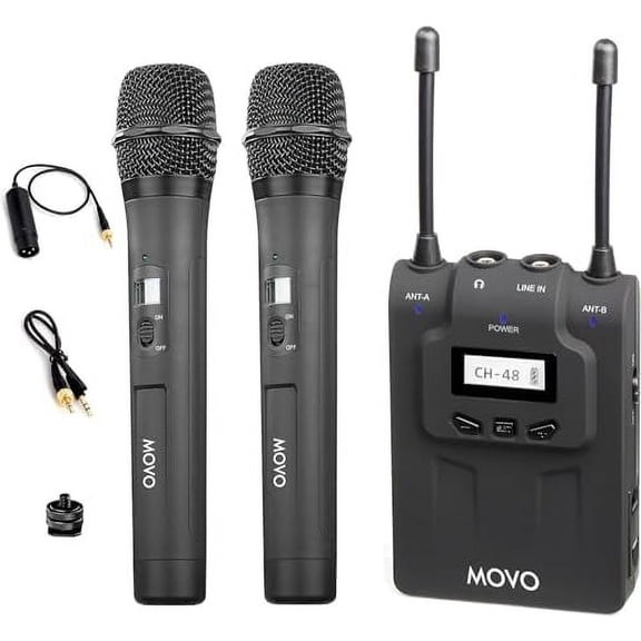 Movo WMIC80 UHF Wireless Handheld Microphone System with 2 Handheld Mics with intergrated Transmitters, Portable Receiver, & Shoe Mount for DSLR Cameras (330' Range)