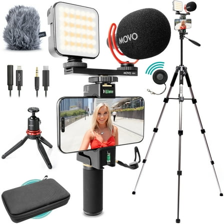 Movo iVlogger-PRO Vlogging Kit with Full Tripod for iPhone/Android - USB-C/Lightning YouTube Starter Kit for Content Creators - Accessories: Phone Tripod, Phone Mount, RGB Light and VXR10 Shotgun Mic