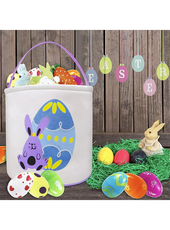 Movsou Easter Bunny Basket Bags for Kids Canvas Eggs Hunt Bag Rabbit Easter Basket for Kids Easter Hunting Purple