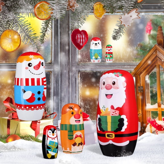 Amosfun Nesting Dolls Assorted Color Wooden Decorative Toy for Home Decorations 6Pcs 7In