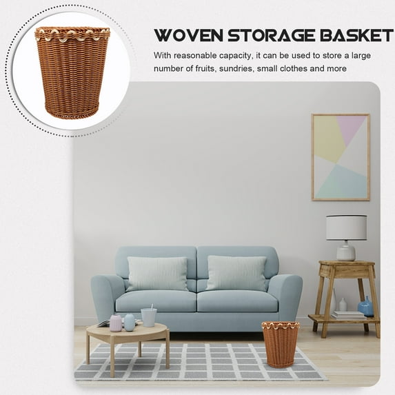 Amosfun Brown Imitation Rattan Woven Trash Can Multipurpose Storage Basket for Living Room and Office