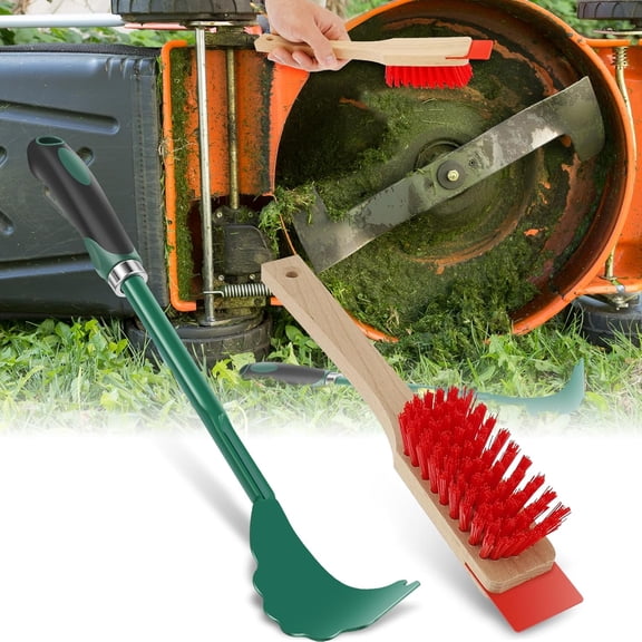 Mower Deck Scraper with Ergonomic Long Handle, Lawn Mower Deck Cleaner Tool with Stiff Bristle Brush, Lawn Mower Maintenance Deck Scraper Cleaning Tool for Gardening
