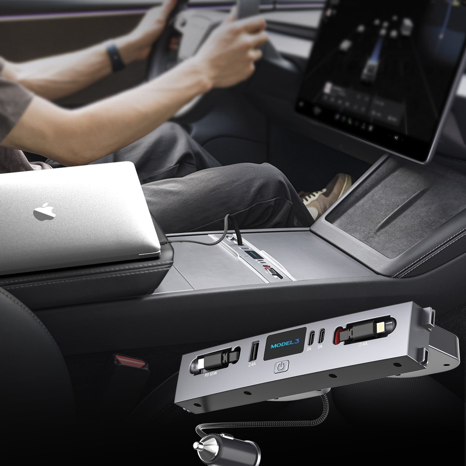 Mowlicas 125W Max Retractable USB Hub, Tesla New Model 3 Highland (2025/2024) Accessories, Super Fast Charger Up 65W for MacBook Pro/Air/iPhone 16/15/Samsung Series, 5 in 1 Docking Station