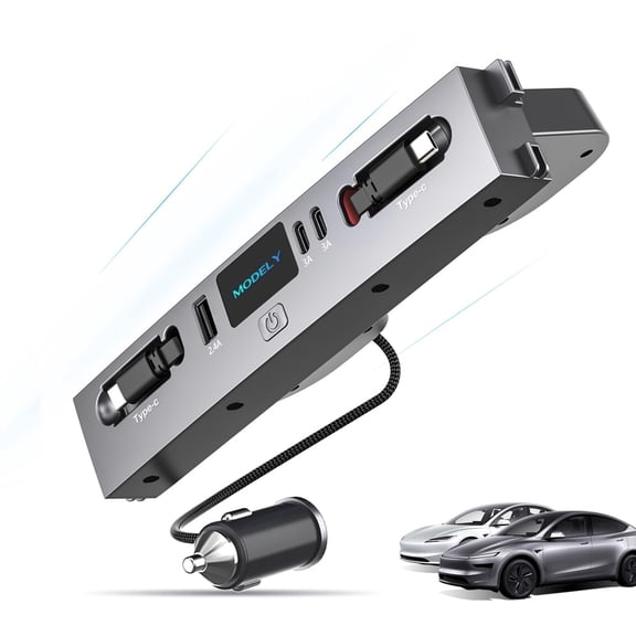 Mowlicas Max 132W Dual Type-C USB Hub, Tesla New Model Y Juniper (2026/2025) Accessories, 5 in 1 Fast Charger for iPhone 16/15 Series, 2-Retractable Cable & 3-Port Docking Station