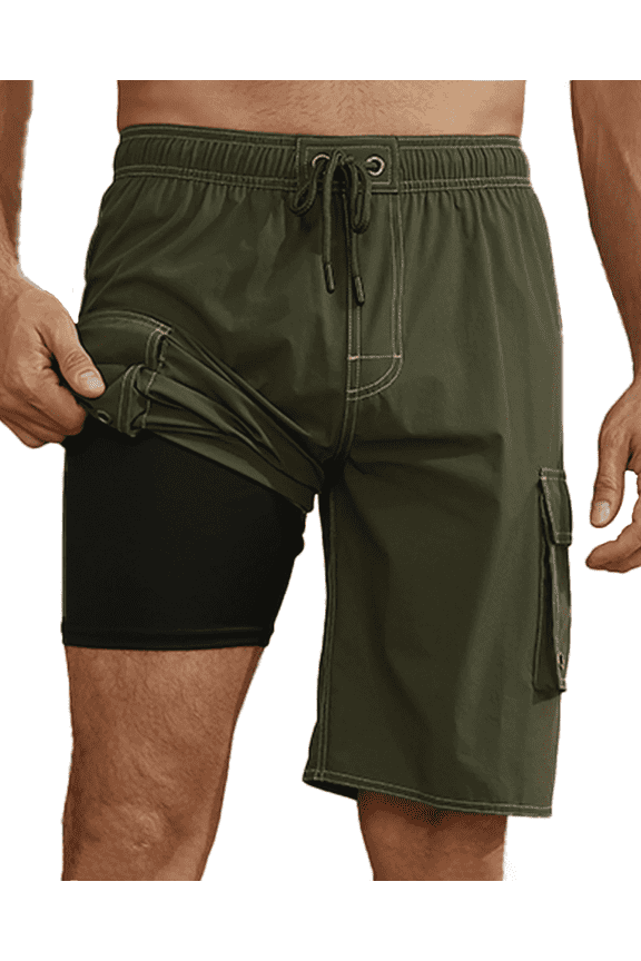 Men's Quick Dry Swim Trunks with Liner Summer Beach Shorts Army Green S-4XL