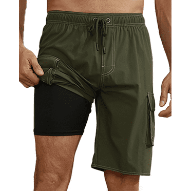 Mowujeit Men's Quick Dry Swim Trunks with Compression Liner Summer Beach Shorts,Army Green Size XXL