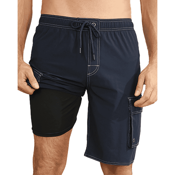 Mowujeit Men's Quick Dry Swim Trunks with Liner Summer Beach Shorts Navy Blue S-4XL