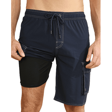 Mowujeit Men's Quick Dry Swim Trunks with Compression Liner Summer Beach Shorts,Navy Blue Size XXL