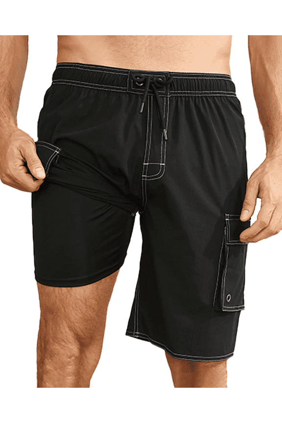 Men's Swim Shorts with Liner Quick-Dry Sports Beachwear Black S-4XL