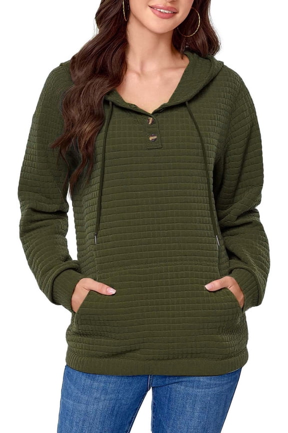 Womens Hoodies Half Button Sweatshirts Pullover Drawstring Fall Clothes With Pocket Olive Green M