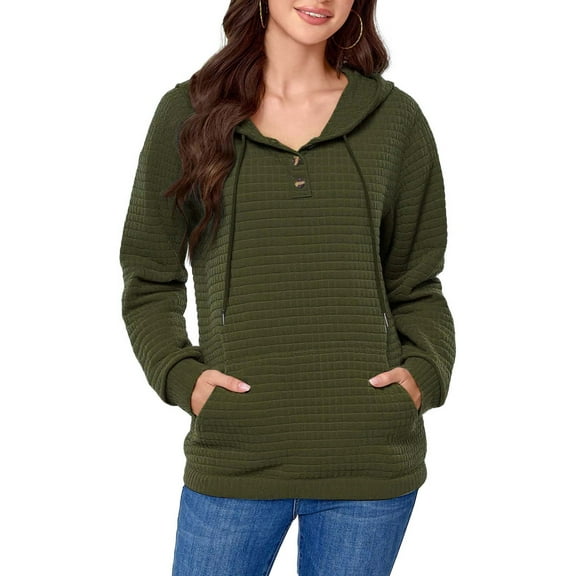 Hoodies Long Sleeve Drawstring Waffle Pullover Tops for Women Loose Hooded Sweatshirt with Pocket Olive Green XXL