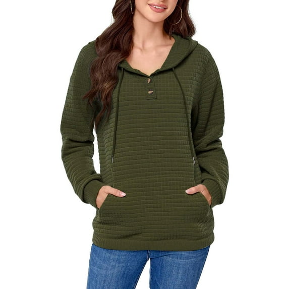 Hoodies Long Sleeve Drawstring Waffle Pullover Tops for Women Loose Hooded Sweatshirt with Pocket Olive Green XXL
