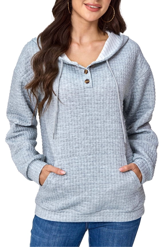 Womens Hoodies Pullover Casual Long Sleeve Button Hooded Sweatshirts Solid Pullover Tops Gray S