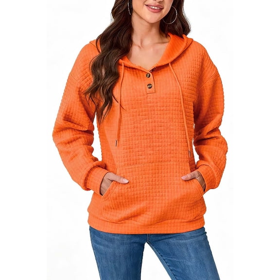 Womens Sweatshirt Button V Neck Pullover Sweatshirts Casual Oversized Henley Neck Loose Fall Winter Orange XL