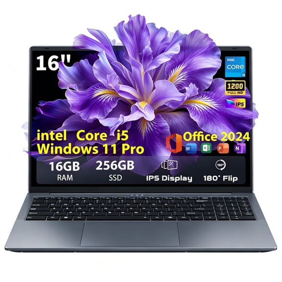 16" FHD 16:10 IPS Laptop, Intel Core i5, 16GB RAM 256GB SSD, Windows 11 Pro MS Office 2024, Silver, Student & Business