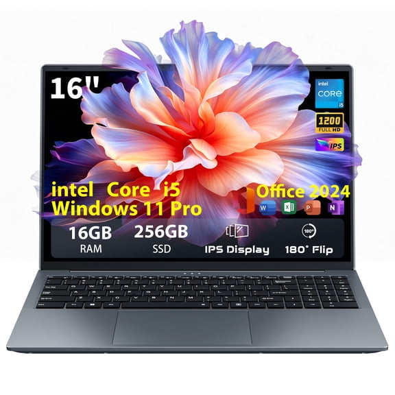 16" FHD 16:10 IPS Laptop, Intel Core i5, 16GB RAM 256GB SSD, Windows 11 Pro MS Office 2024, Silver, Student & Business