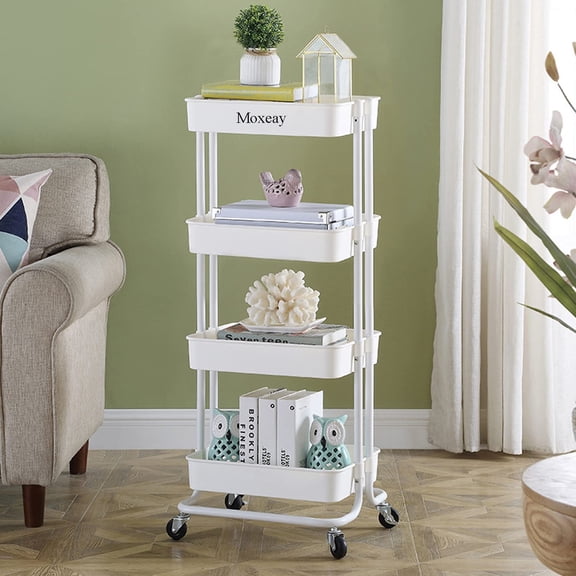 Moxeay 4 Tier Rolling Cart Storage Utility Cart with Wheels and Hanging Cups Bathroom Organizer Trolley Craft Cart for Kitchen Bathroom Bedroom, White