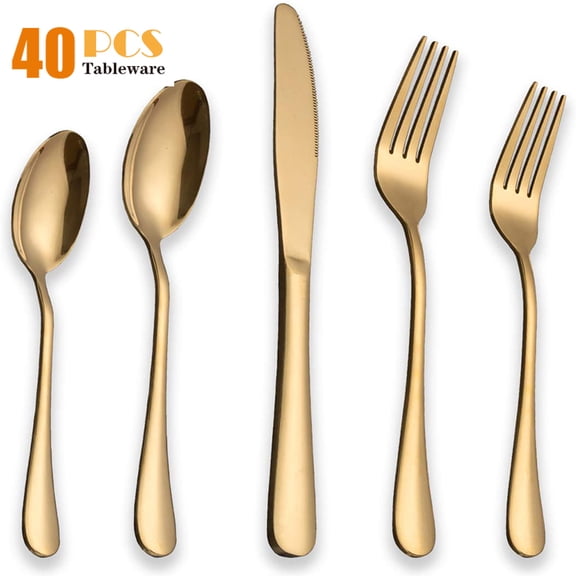 Gold Flatware Set, Moxinox 40-Piece Silverware Set for 8, 18/0 Stainless Steel Cutlery Utensils Set, Include Dinner Knives,Dinner Forks,Dinner Spoons,Salad Forks,Teaspoons,Dishwasher Safe