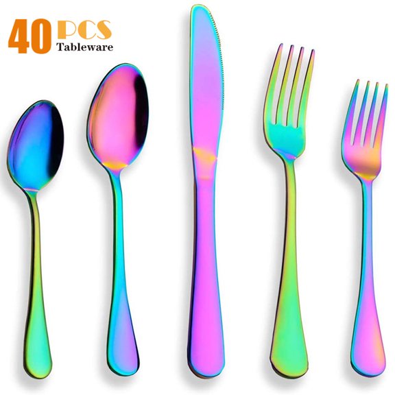 Rainbow Flatware Set, Moxinox 40-Piece Silverware Set for 8, 18/0 Stainless Steel Cutlery Utensils Set, Include Dinner Knives,Dinner Forks,Dinner Spoons,Salad Forks,Teaspoons,Dishwasher Safe