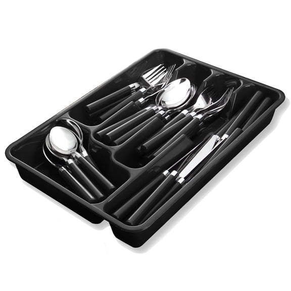 Moxinox Black flatware set, 48 Piece camping Silverware set with Organizer, Plastic Spoons Forks Knives Set with Tray (13x9x2 Ins)