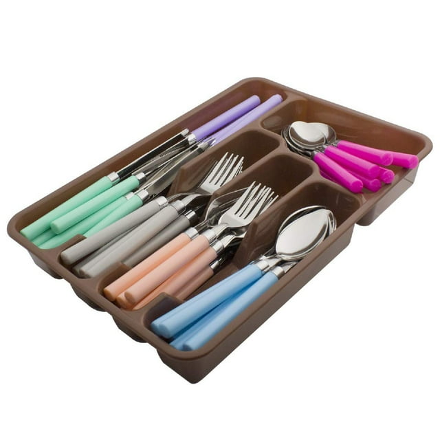 Moxinox Colorful 48 Piece camping Silverware set with Organizer, Plastic Spoons Forks Knives Set with Tray (13x9x2 Ins)