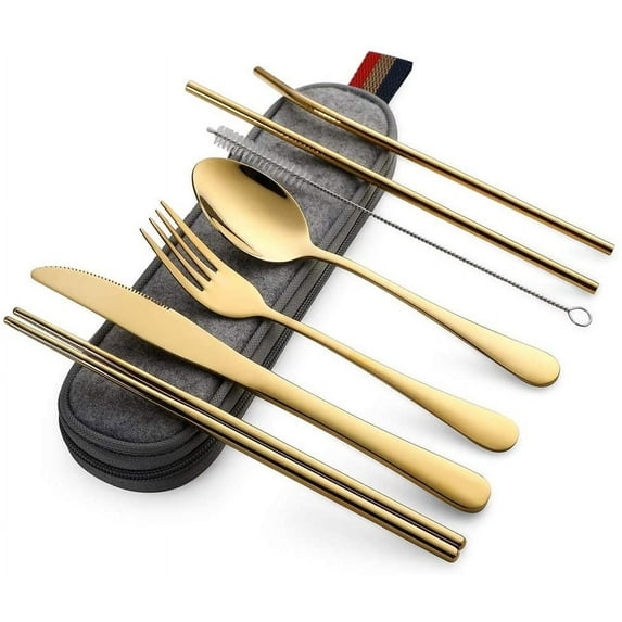 Moxinox Portable Utensils, Travel Camping Cutlery Set, 8-Piece including Knife Fork Spoon Chopsticks Cleaning Brush Straws Portable Case, Stainless Steel Flatware set (8-piece Gold)