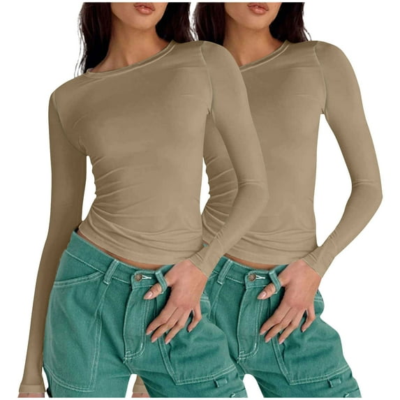 Moxiu 2 Pack Long Sleeve Shirts for Women Slim Fit Crop Tops Skinny Shirt Y2K Casual Basic Solid Color Going Out Tight Tee Brown,XL
