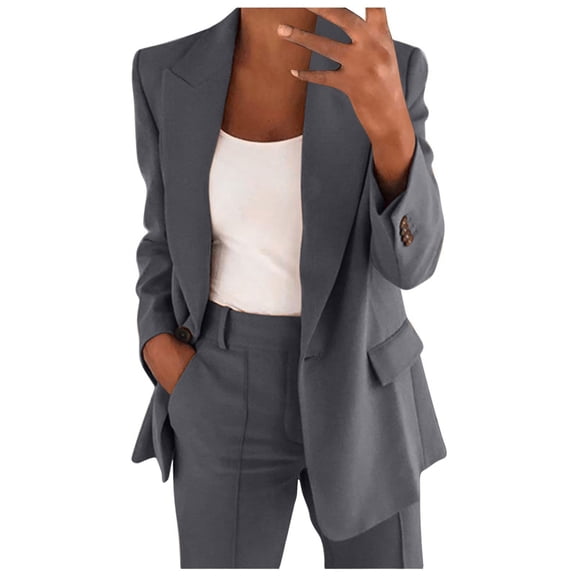 Moxiu 2 Piece Pant Suits for Women Dressy Blazer Set Elastic High Waisted Straight Leg Pants Suits Business Casual Outfits Plus Size Gray,M