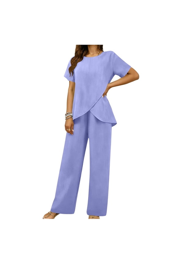 2 Piece Sets Womens Summer Short Sleeve Crew Neck Irregular Tshirt Matching Set Mother of The Bride Pant Vacation Suit Purple,L