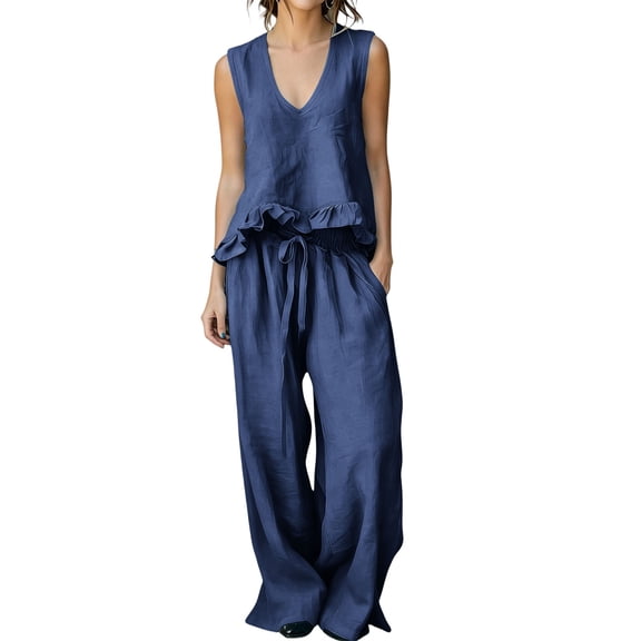 Moxiu 2 Piece Sets for Women Summer Vacation Cotton V Neck Ruffled Hem Tank Tops and Drawstring Wide Leg Pants Lounge Set Outfit Navy,S